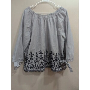 Pinstripe peasant blouse w/ eyelet detail at hem & ;tie at sleeve Time & Tru XL